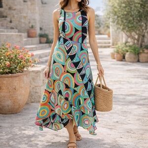 Anthropologie Abstract Geo Print Sleeveless Midi Dress Asymmetrical Hem Size 2